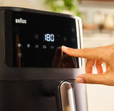 Braun MultiFry 5 air fryer with 6L capacity and 8 auto programs, featuring a digital LED touch screen.