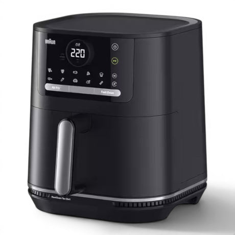 Taghareed Braun MultiFry 5 Air Fryer 2-in-1 HF5050IBK, black, 6L capacity, 2000W, digital display with 15 presets.