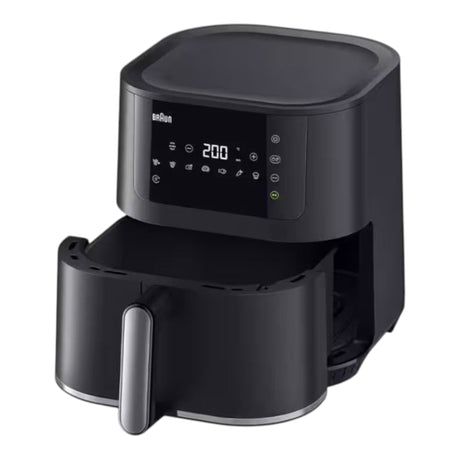 Taghareed Braun MultiFry 5 Air Fryer HF5030IBK, black, 6L capacity, 1700W, 8 auto programs, LED touch screen.