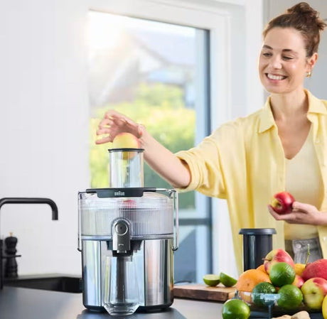 Taghareed Braun MultiJuice 7 Spin Juicer SJ7000, 1000W, stainless steel, with wide chute and anti-drip feature.