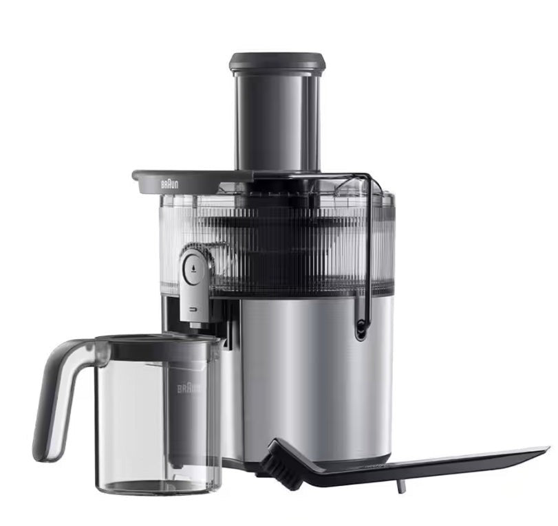 Taghareed Braun MultiJuice 7 SJ7000 1000W silver and black spin juicer with wide chute and juice jug.