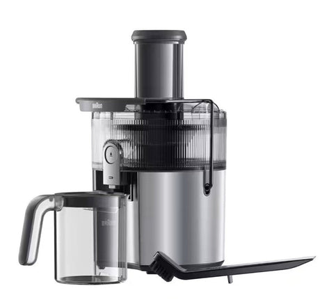 Taghareed Braun MultiJuice 7 SJ7000 1000W silver and black spin juicer with wide chute and juice jug.