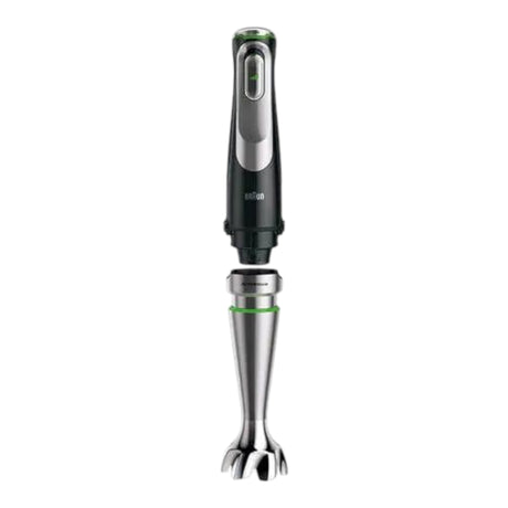 Taghareed Braun MultiQuick 9 hand blender with stainless steel blending shaft and black handle with green accents.