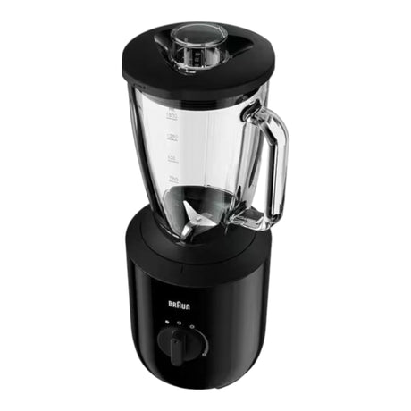 Taghareed Braun PowerBlend 3 black jug blender with 1.5L glass container, 800W motor, TriAction Technology, and variable speed control.