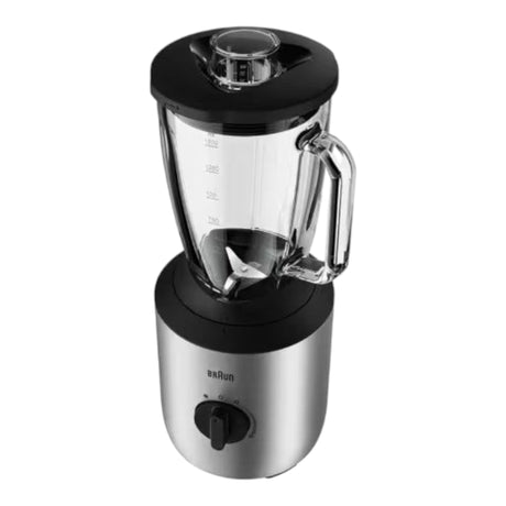 Braun PowerBlend 3 jug blender with 800W motor, glass jug, variable speed, and Pulse function. Silver and black.