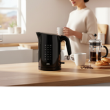 Taghareed Braun PurEase black 1.7L electric kettle with 2200W power and 3-way protection system.
