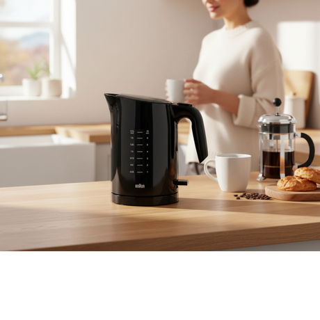 Taghareed Braun PurEase black 1.7L electric kettle with 2200W power and 3-way protection system.