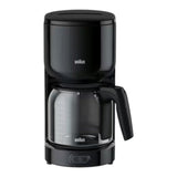 Braun PurEase KF3120BK black 12-cup drip coffee maker with glass carafe and OptiBrew System.
