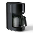 Taghareed Braun PurEase black 12-cup coffee maker with glass carafe and OptiBrew System.