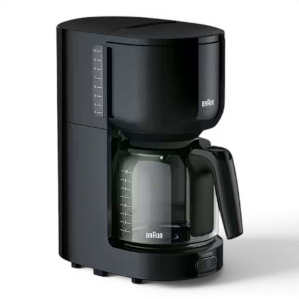 Taghareed Braun PurEase black 12-cup coffee maker with glass carafe and OptiBrew System.