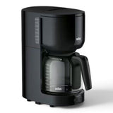Taghareed Braun PurEase black 12-cup coffee maker with glass carafe and OptiBrew System.