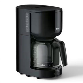 Taghareed Braun PurEase black 12-cup coffee maker with glass carafe and OptiBrew System.