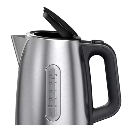 Taghareed Braun PurShine WK1500BK stainless steel kettle, 1.7L capacity, with a black handle and lid, and a water level indicator.