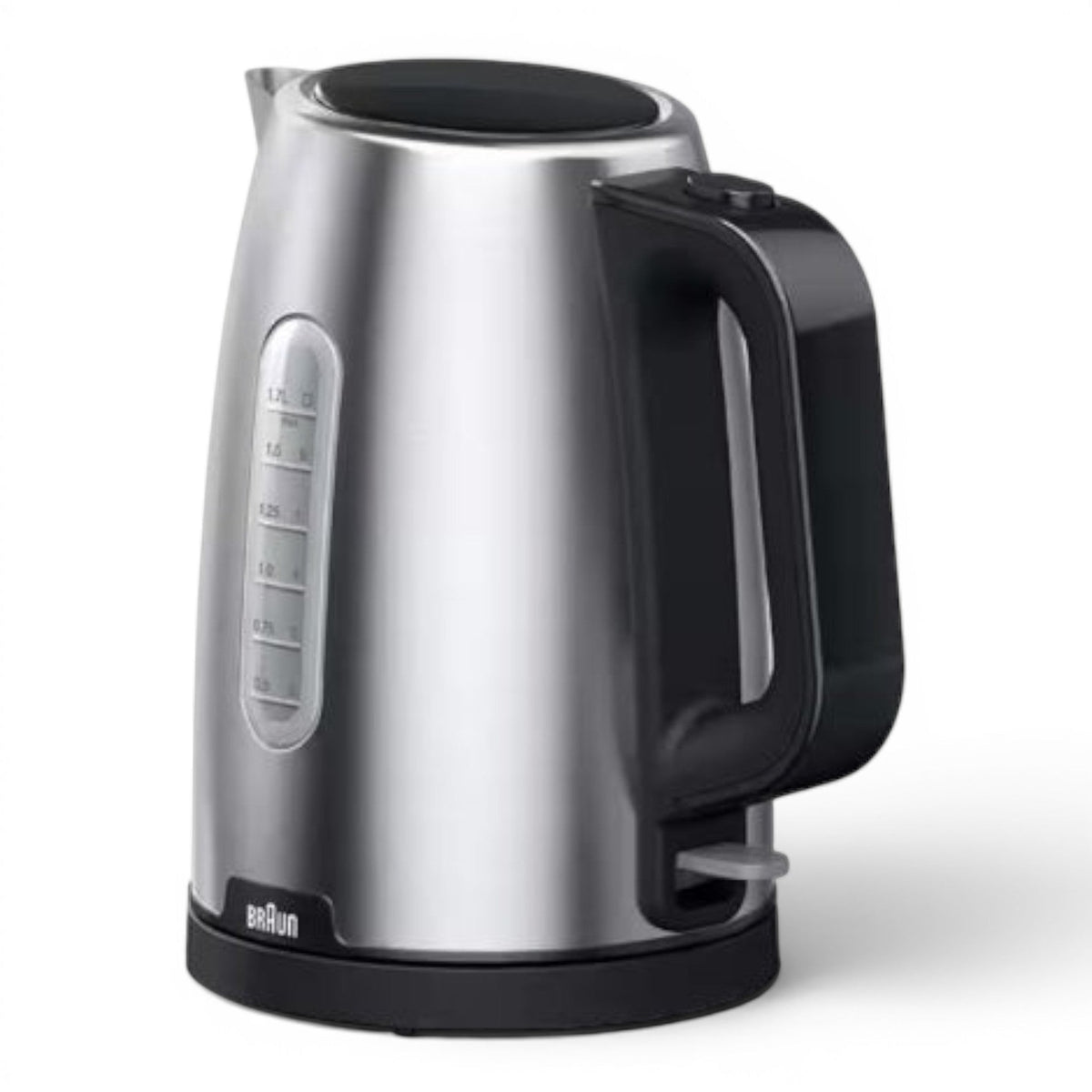 Taghareed Braun PurShine WK1500BK stainless steel electric kettle with black handle, 1.7L capacity, 2200W
