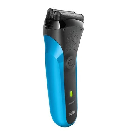 Braun Series 3 310s electric shaver in black and blue, featuring a 3-Flex system and Wet & Dry functionality.