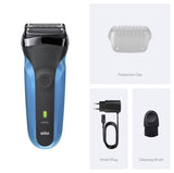 Taghareed Braun Series 3 310s electric shaver, black and blue, with wet & dry functionality. Includes protection cap, smart plug, and cleaning brush.