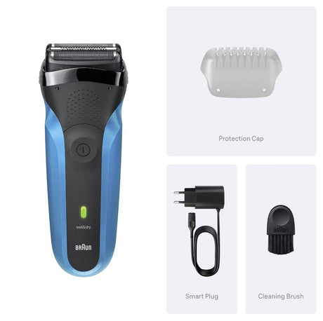 Taghareed Braun Series 3 310s electric shaver, black and blue, with wet & dry functionality. Includes protection cap, smart plug, and cleaning brush.