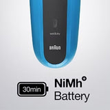 Taghareed Braun Series 3 electric shaver in blue with wet & dry functionality and 30-minute NiMH battery.