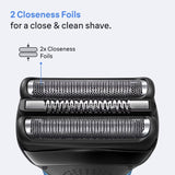 Braun Series 3 310s electric shaver head with two closeness foils and middle trimmer. Black and blue.