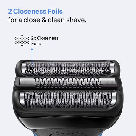 Braun Series 3 310s electric shaver head with two closeness foils and middle trimmer. Black and blue.