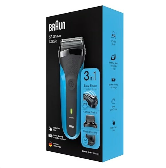 Braun Series 3 310BT electric shaver and beard trimmer kit with 3 flexible blades, wet & dry use, 30 min shave, 5 min quick charge.