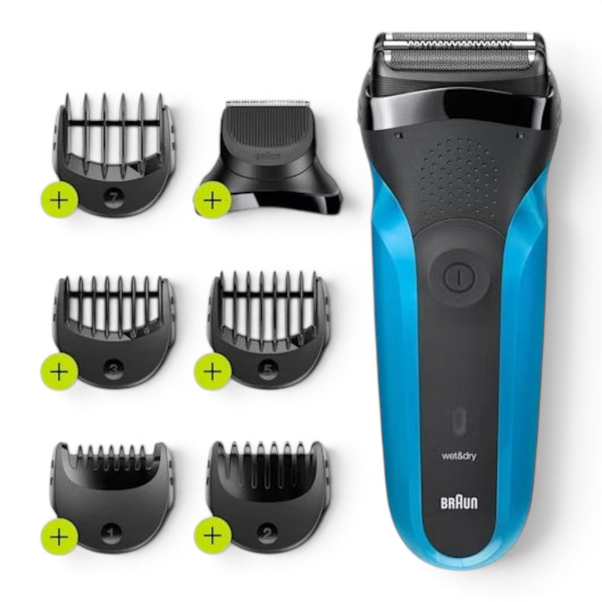 Taghareed Braun Series 3 electric shaver in blue and black with interchangeable trimmer attachments and 5 comb guards for beard styling.