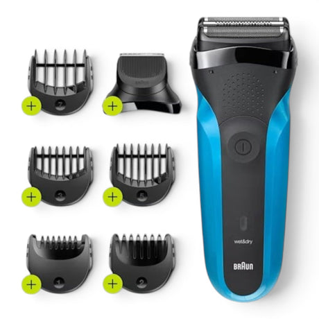 Taghareed Braun Series 3 electric shaver in blue and black with interchangeable trimmer attachments and 5 comb guards for beard styling.