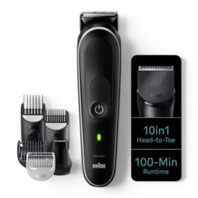 Braun Series 5 All-in-One Style Kit, black grooming trimmer with multiple attachments, 10-in-1 head-to-toe functionality, 100-min runtime.