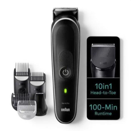 Braun Series 5 All-in-One Style Kit, black grooming trimmer with multiple attachments, 10-in-1 head-to-toe functionality, 100-min runtime.