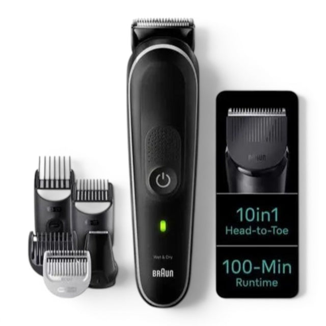 Braun Series 5 All-in-One Style Kit, black grooming trimmer with multiple attachments, 10-in-1 head-to-toe functionality, 100-min runtime.