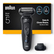 Taghareed Braun Series 5 electric shaver in black with 3 flexible blades and EasyClean system. Features Wet & Dry use and Li-Ion battery.