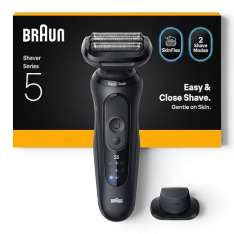Taghareed Braun Series 5 electric shaver in black with 3 flexible blades and EasyClean system. Features Wet & Dry use and Li-Ion battery.