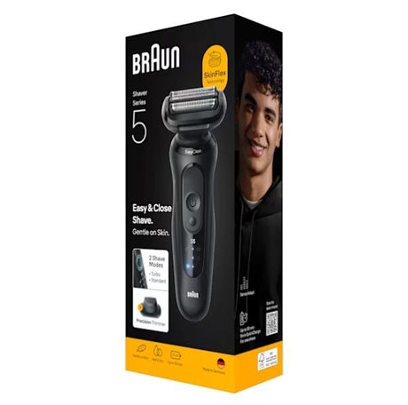 Braun Series 5 electric shaver in black with 3 flexible blades and EasyClean system. Features Wet & Dry use and a Li-Ion battery.