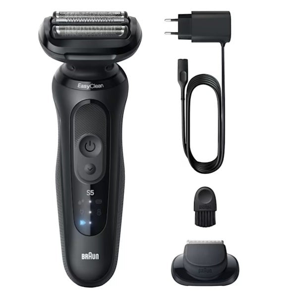 Braun Series 5 electric shaver in black with 3 flexible blades, EasyClean system, and LED display. Includes charger and trimmer attachment.