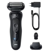 Braun Series 5 electric shaver in black with 3 flexible blades, EasyClean system, and LED display. Includes charger and trimmer attachment.