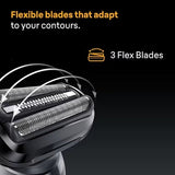 Taghareed Braun Series 5 electric shaver with 3 flexible blades that adapt to contours. Black.