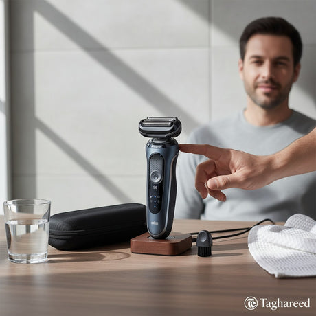 Taghareed Braun Series 6 electric shaver in silver with SensoFlex head, on a wooden stand with a glass of water and travel case.