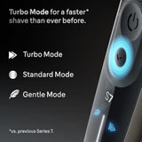 Taghareed Braun Series 7 electric shaver in silver, featuring Turbo, Standard, and Gentle modes for a customizable shave.