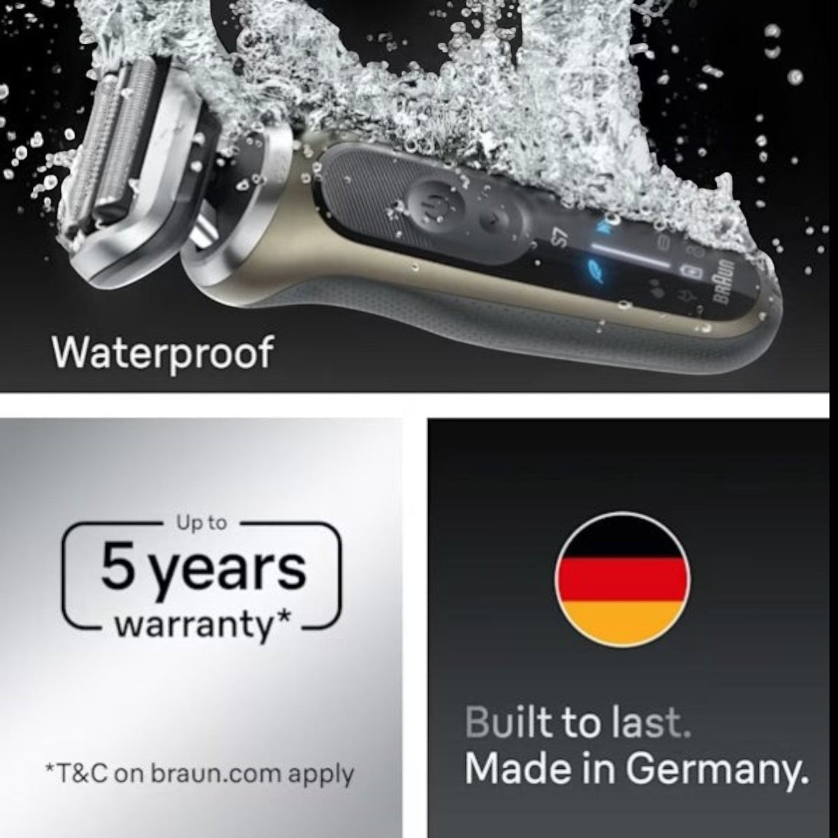 Taghareed Braun Series 7 electric shaver, silver, waterproof, with 360° flexible head and AutoSense technology.