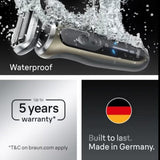 Taghareed Braun Series 7 electric shaver, silver, waterproof, with 360° flexible head and AutoSense technology.