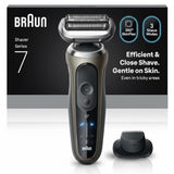 Taghareed Braun Series 7 72-C1200s electric shaver in silver with a 360° SkinFlex head and 3 shave modes.
