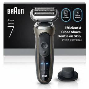 Taghareed Braun Series 7 72-C1200s electric shaver in silver with a 360° SkinFlex head and 3 shave modes.
