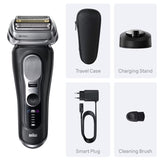 Taghareed Braun Series 9 Pro+ 9610s black electric shaver with 5 synchronized shaving elements, Precision ProTrimmer, and LED display.