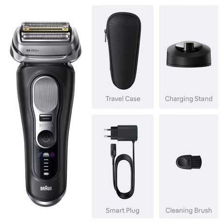 Taghareed Braun Series 9 Pro+ 9610s black electric shaver with 5 synchronized shaving elements, Precision ProTrimmer, and LED display.