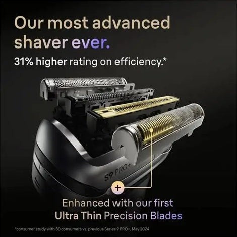 Taghareed Braun Series 9 Pro+ electric shaver in black, featuring 5 synchronized shaving elements and ultra-thin precision blades.