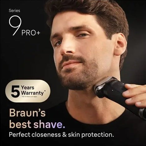 Taghareed Braun Series 9 Pro+ electric shaver, black, with 5 shaving elements and ProTrimmer for precise grooming. Features 10D head & Wet/Dry use.