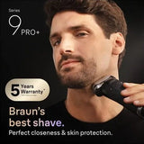 Taghareed Braun Series 9 Pro+ electric shaver, black, with 5 shaving elements and ProTrimmer for precise grooming. Features 10D head & Wet/Dry use.