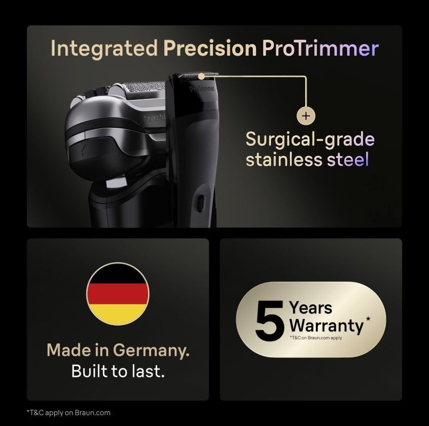 Taghareed Braun Series 9 Pro+ electric shaver in black, featuring an integrated Precision ProTrimmer made of surgical-grade stainless steel.