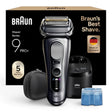 Braun Series 9 Pro+ electric shaver in silver, with SmartCare Center, travel case, and cleaning cartridge. Made in Germany.