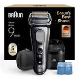 Braun Series 9 Pro+ electric shaver in silver, with SmartCare Center, travel case, and cleaning cartridge. Made in Germany.